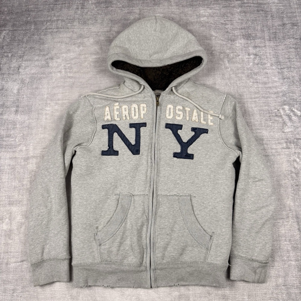 Aeropostale Sweatshirt‎ Mens Medium Gray Y2K Heavyweight Sherpa Lined Spell Out